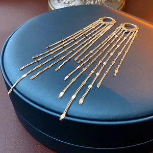 Detail of gold metal sequin chain earrings with flowing fringe tassels on a jewelry box