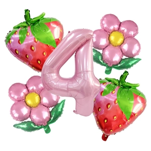 Kit de ballons en aluminium rose chiffre 4, fraise et marguerite pour fête d'enfant