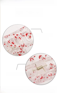 Detail view of transparent Christmas hair claw with snowman pattern and metal spring