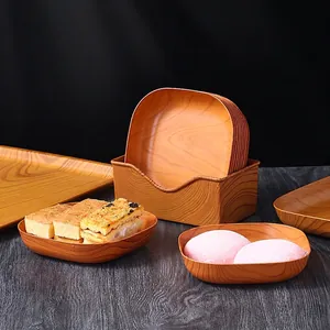 Japanese Style Wood Grain Bone Plates Food Grade PP Plastic Snack Dishes With Storage Holder Multi Functional Trays