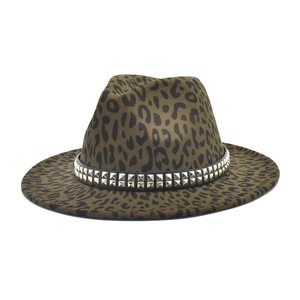 Fashionable leopard print wool fedora hat with silver studded band for men and women