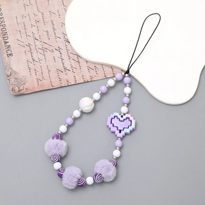 Purple and white plush ball phone strap with pixel heart pendant and beaded wristlet