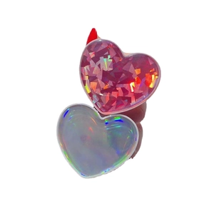 Heart-shaped laser holographic phone grip holder with pink sequins and silver glitter finish