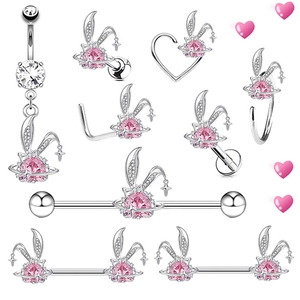 Bunny Body Piercing Jewelry Stainless Steel Pink Heart Zircon Navel Ring Ear Stud Nose Ring Industrial Barbell Planet Star