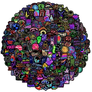 Bulk pack of waterproof neon graffiti stickers with mixed artistic glowing designs