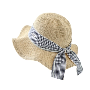 Elegant wide-brim straw sun hat with blue and white gingham ribbon bow for women