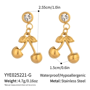 Detail of cherry drop earrings showing dimensions and stainless steel material texture