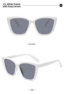 Front and side views of white cat eye sunglasses with grey lenses and thick frames