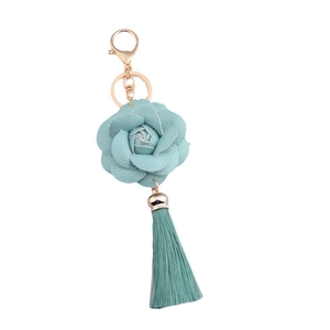 Cyan PU leather rose flower keychain with matching fringe tassel and gold hardware
