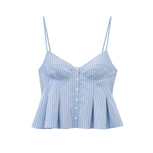 Blue and white striped summer camisole top with button front and ruffled hemline