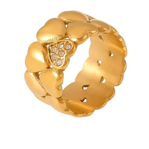 Heart Shaped Ring Stainless Steel Gold Plated Rhinestone Pave Vintage Punk Style Stackable Jewelry For Women