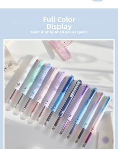 Macro shot of 3-in-1 multicolor gel pens in macaron colors arranged on a desk