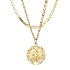 Double-layered gold titanium steel necklace with Virgin Mary pendant and snake chain