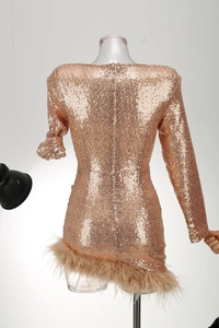 Detail of rose gold sequin mini dress featuring ostrich feather trim and back zipper