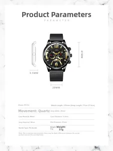 Detailed parameter diagram for M1314 quartz watch showing 41mm dial and black mesh band