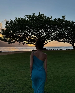 Rear view of a flowing blue one-shoulder chiffon maxi dress with side slit for beach vacations