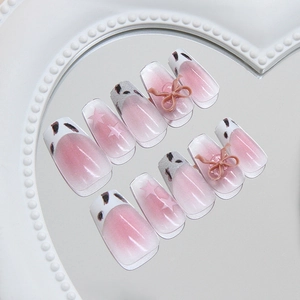 Press On Nails Leopard Print Cat Eye Gradient Pink Coffin Shape ABS Plastic With 3D Bowknot And Star For Women