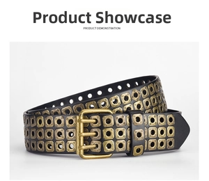 Detail of black punk PU leather belt featuring three rows of square bronze eyelets and buckle