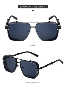 Front and 45-degree views of matte black steampunk sunglasses with side mesh shields