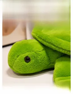 Macro shot of soft green plush turtle blanket fabric with detailed realistic brown eyes
