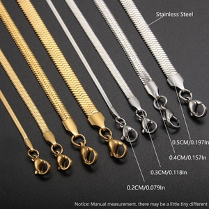 Detail of gold and silver stainless steel snake chains in 0.2cm to 0.5cm widths with lobster clasp