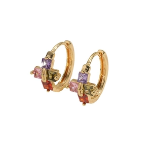 Golden hoop earrings with colorful zircon stones in purple, pink, orange and green colors