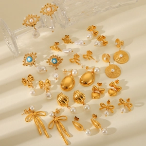 18K gold plated stainless steel stud earrings with bows and pearls for women