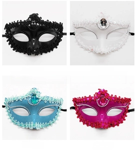 Detail showing four colored masquerade masks with plating, lace trim and rhinestones