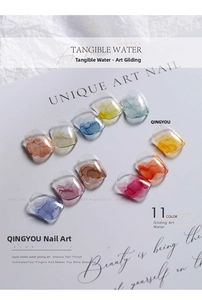 Detail showing 11 color marble nail art watercolor ink effect with metallic gold foils
