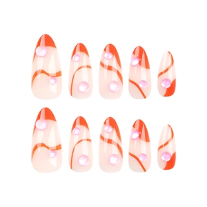 Almond press-on nails set with orange swirl lines and 3D water drop accents