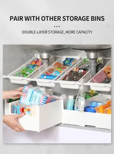 Stackable white storage bins for under-sink kitchen organization and cabinet space saving