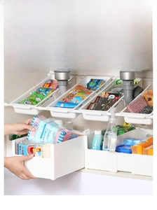 Stackable white storage bins for under-sink kitchen organization and cabinet space saving
