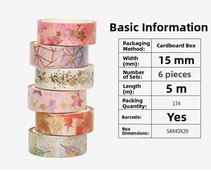 Detail view of 6-roll decorative washi tape set with 15mm width and 5m length specifications
