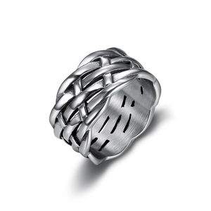 Minimalist stainless steel woven band ring with vintage silver finish and industrial style