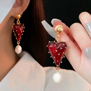 Vintage gold plated heart earrings with red enamel and dangling white baroque pearls