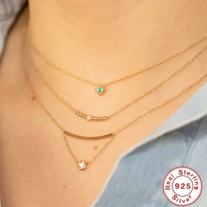 Three-layer 925 sterling silver necklace with turquoise pendant and floating cubic zirconia