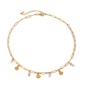 Gold paperclip chain necklace with shell and imitation pearl pendants in beach style