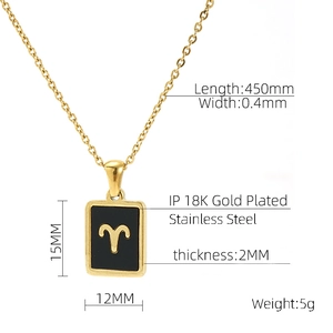 Detail view of gold-plated Aries pendant with dimensions 15x12mm and 450mm chain specs
