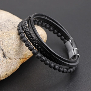 Men Multi Layer Bracelet Handmade Woven Leather Stainless Steel Magnetic Buckle Volcanic Lava Stone Retro Punk Jewelry