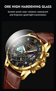 Dettaglio del vetro minerale antigraffio su un orologio da uomo in pelle e metallo