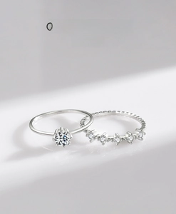 Macro detail of S925 sterling silver ring set with six-prong zircon and wavy band
