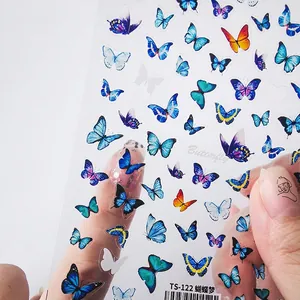 5D embossed butterfly nail art stickers with ultra-thin blue and purple realistic patterns