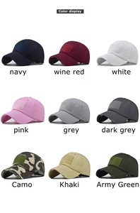 Color display of washed cotton baseball caps with flag patches and distressed brims
