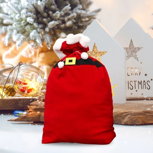 Festive Santa Claus velvet drawstring gift bag with white faux fur and golden buckle detail