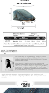 Size chart for washed denim beret with adjustable buckle and head measurement guide