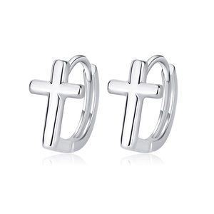 Polished silver cross hoop earrings for women and men featuring a minimalist drop design