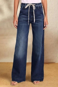 Detail of high waist dark blue wide leg jeans with white drawstring tie for women