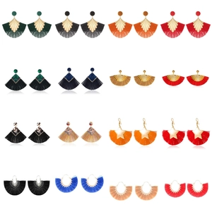 Bohemian Tassel Feather Dangle Earrings Women Alloy Fan Shape Retro Ethnic Jewelry With Stainless Steel Earring Post