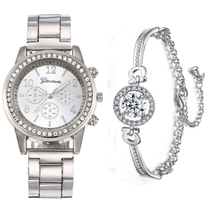 Coffret montre Geneva argentée avec lunette strass et bracelet diamant assorti pour femme