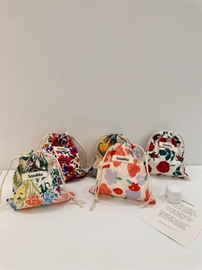 Floral Print Drawstring Storage Bag Mini Cotton Canvas Cosmetic Pouch Portable Jewelry Organizer Japanese Style Women